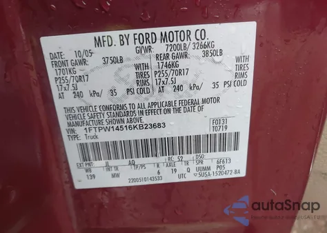 2006 Ford F-150 Fx4/Lariat/Xlt из США, поврежденный, VIN 1FTPW14516KB23683